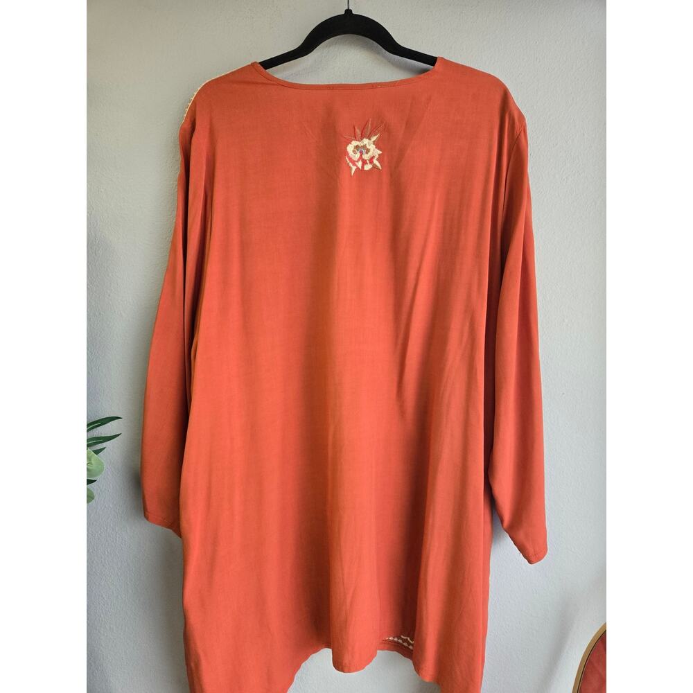 Solitaire Embroidered Boho Tunic Top Rust Orange Plus Size 2X Rayon Long Sleeve - Picture 5 of 8